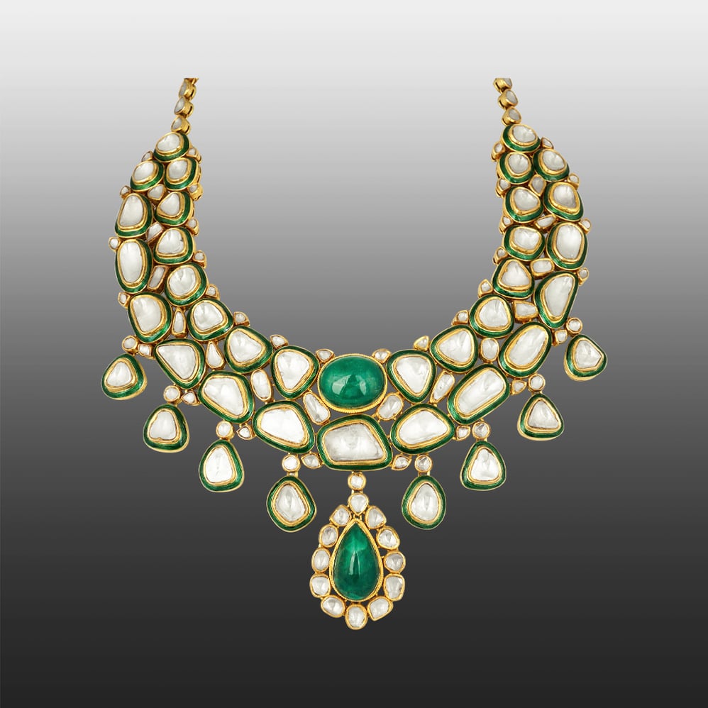 Polki Necklace with Green Meena and Emerald Cabochons